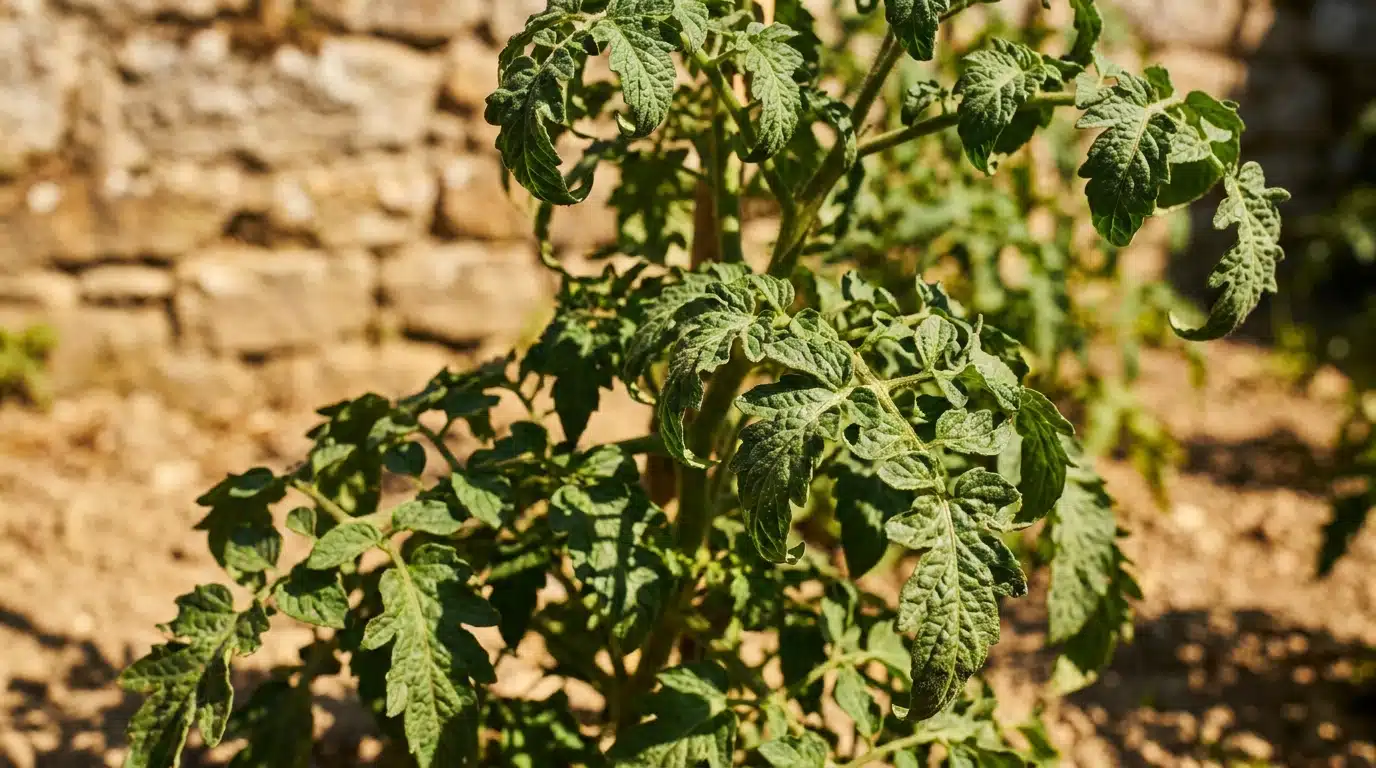 Feuilles de plant de tomate enroulées sous le soleil