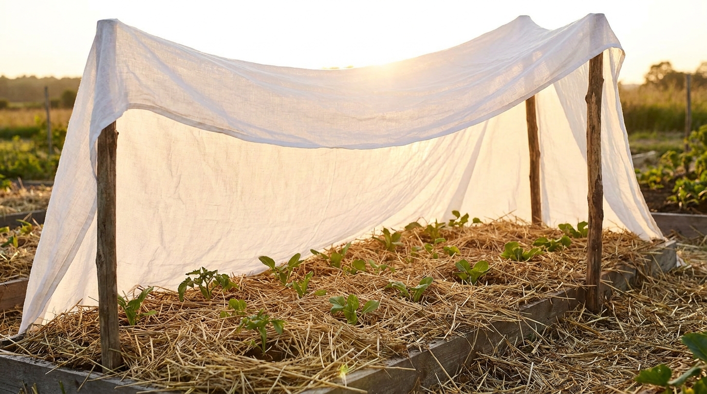 Drap blanc tendu au-dessus de jeunes plants au jardin