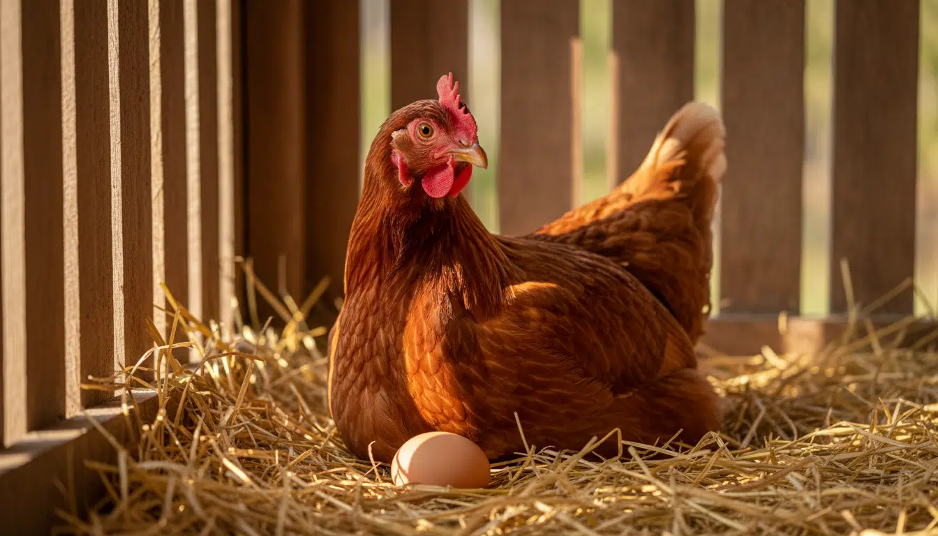 Poule rousse dans un poulailler avec un œuf frais