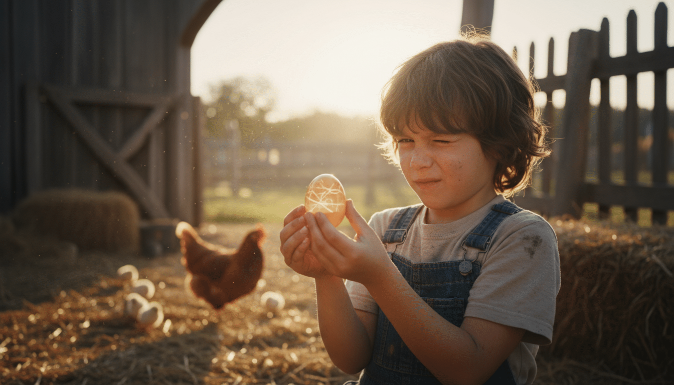 Enfant observant un œuf de poule à la lumière du jour