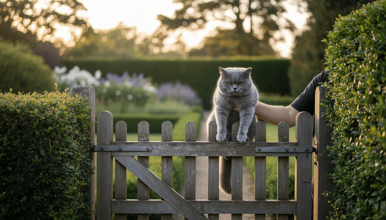 British Shorthair gris docile soulevé dans un jardin
