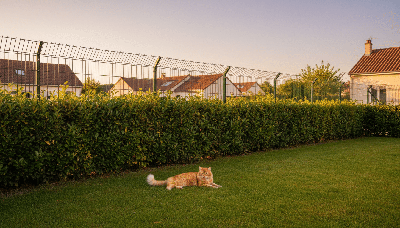 Jardin clôturé avec haie occultante protégeant un chat