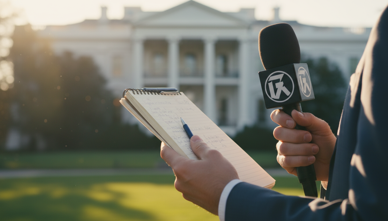 Reporter prenant des notes devant la Maison-Blanche