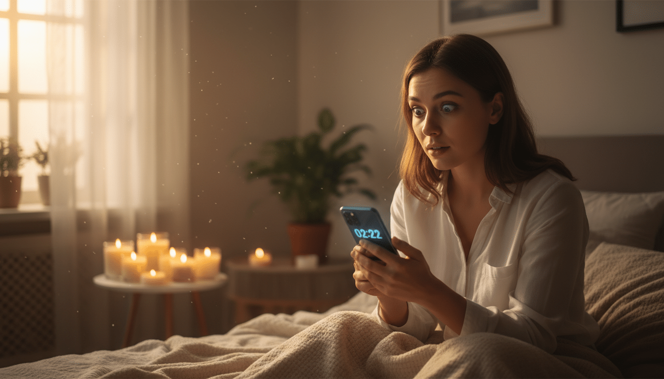 Personne regardant l'heure 02h22 sur son téléphone