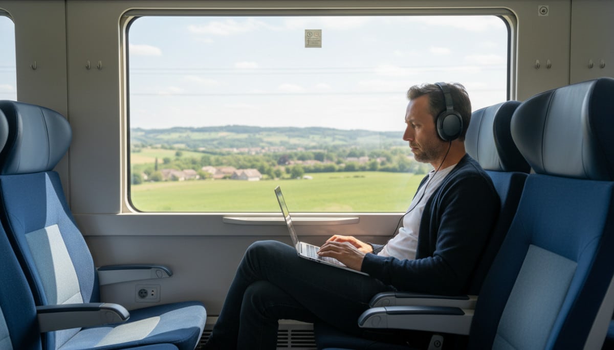 Voyageur moderne travaillant dans un TGV connecté.