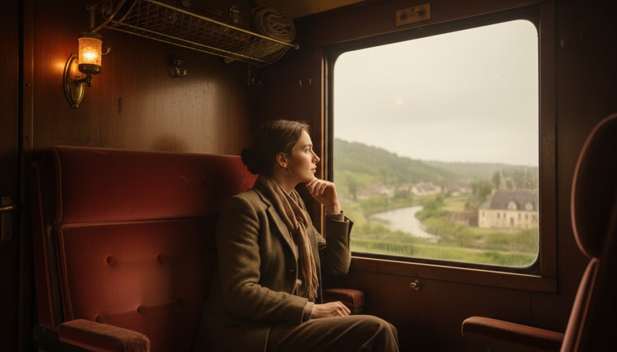 Voyageur nostalgique dans un vieux train français.
