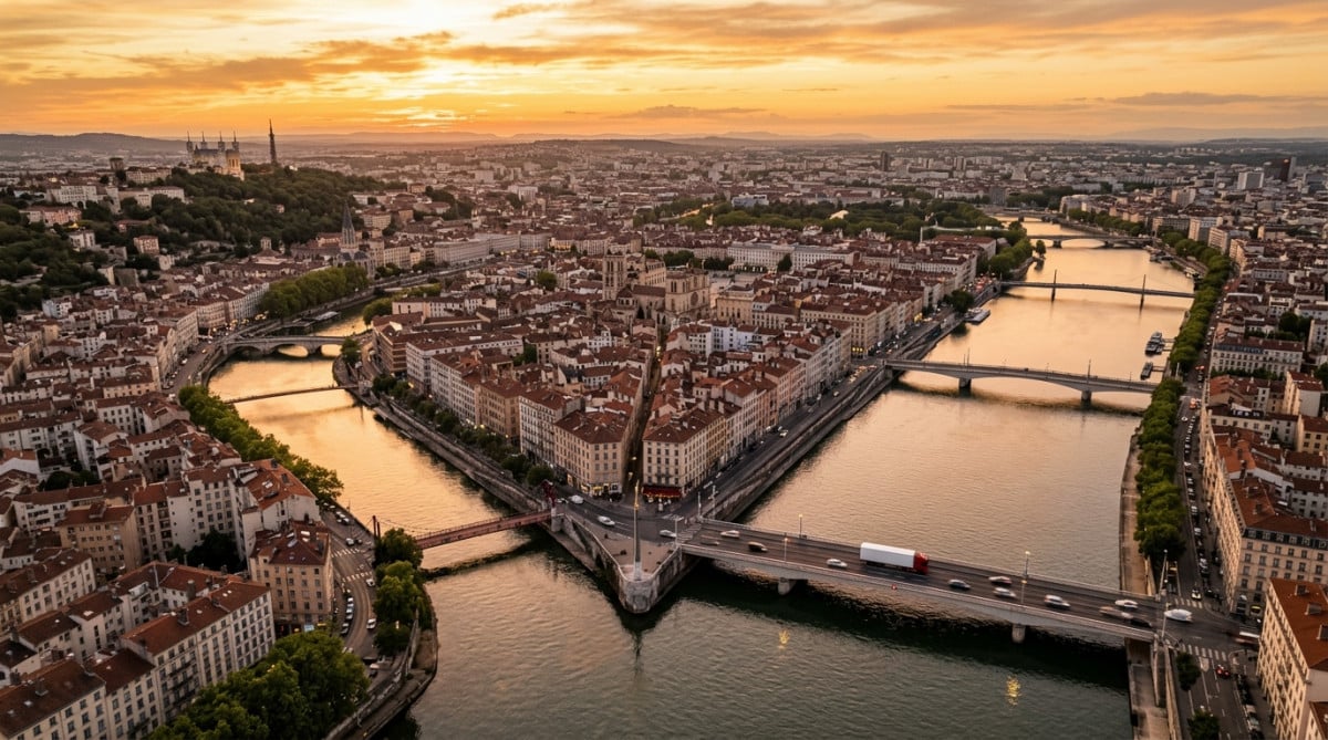 Vue aérienne de Lyon au coucher du soleil