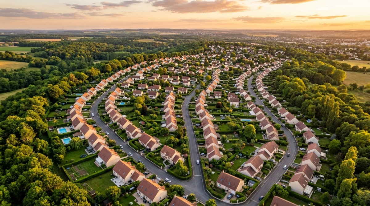 Vue aérienne de maisons individuelles avec jardins en France