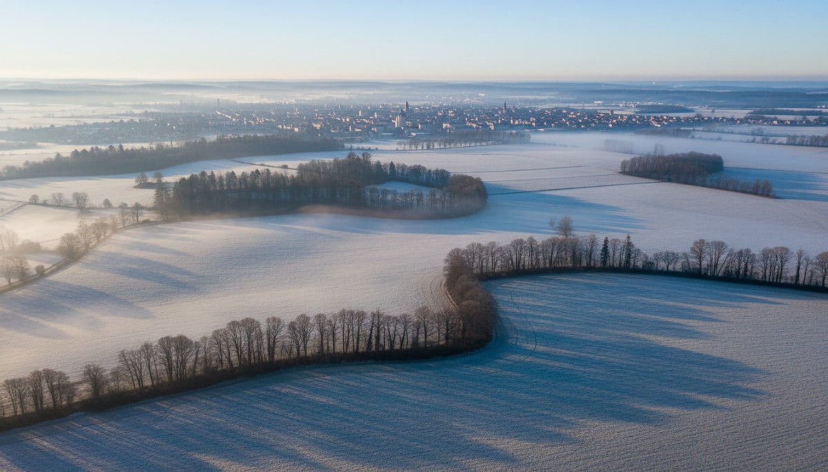 Vue aérienne des plaines lorraines recouvertes de givre en hiver