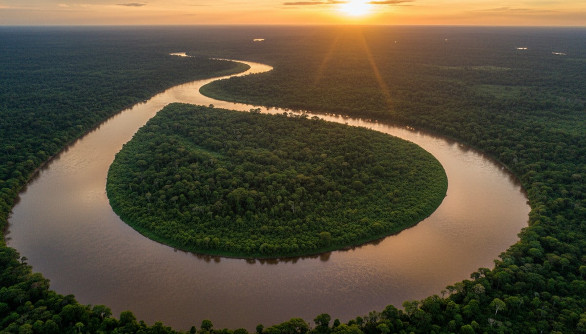 Vue aérienne du fleuve Amazone au coucher du soleil