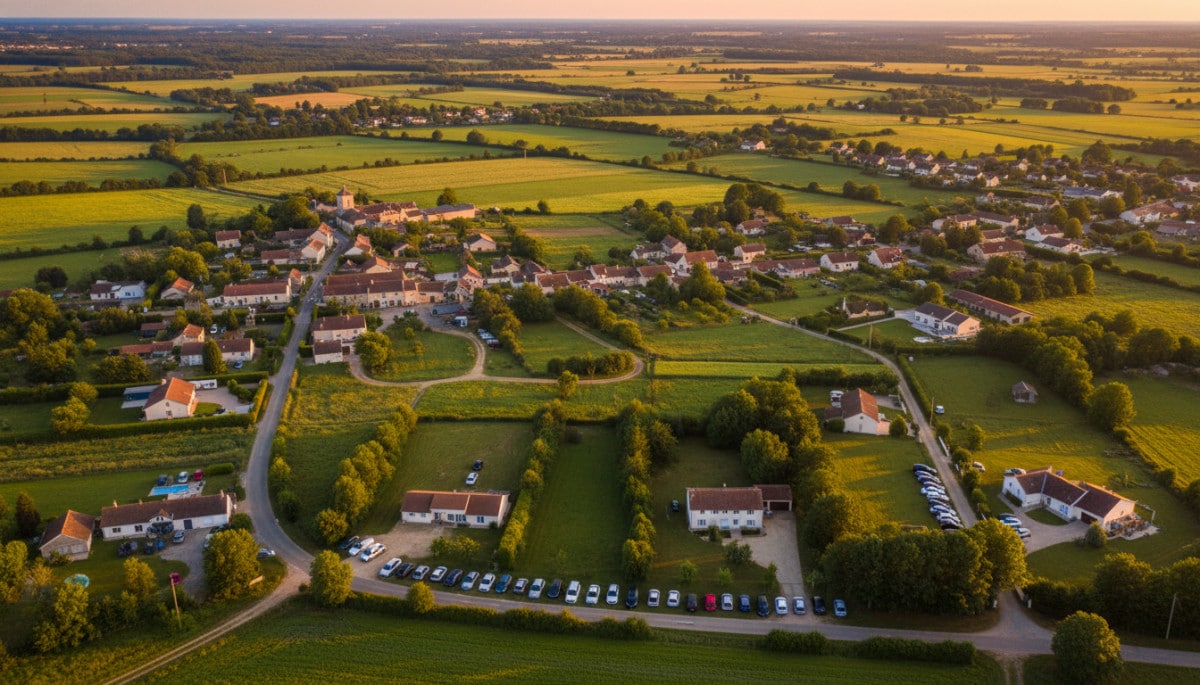 Vue aérienne d'un paysage rural français avec de nombreuses voitures