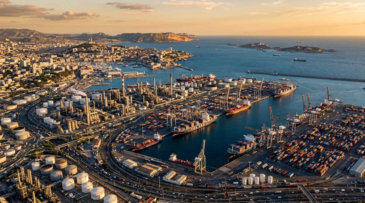 Vue aérienne d'un port industriel français au coucher du soleil
