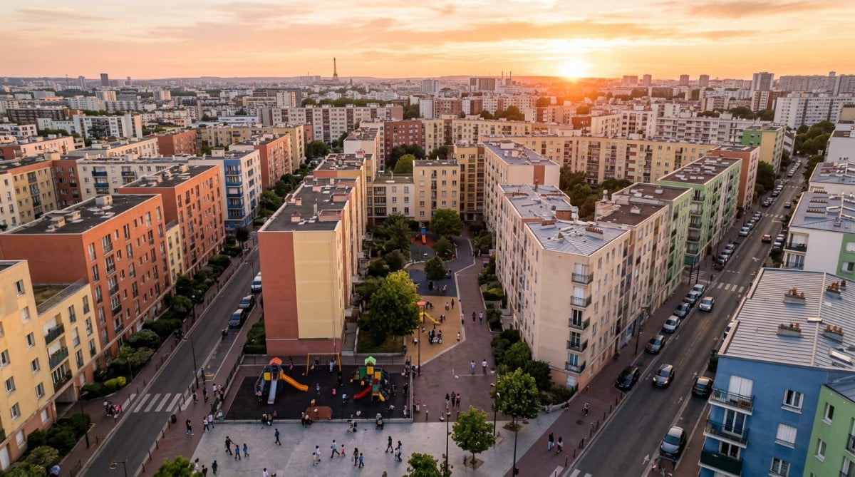 Vue aérienne d'un quartier dense de Seine-Saint-Denis avec familles