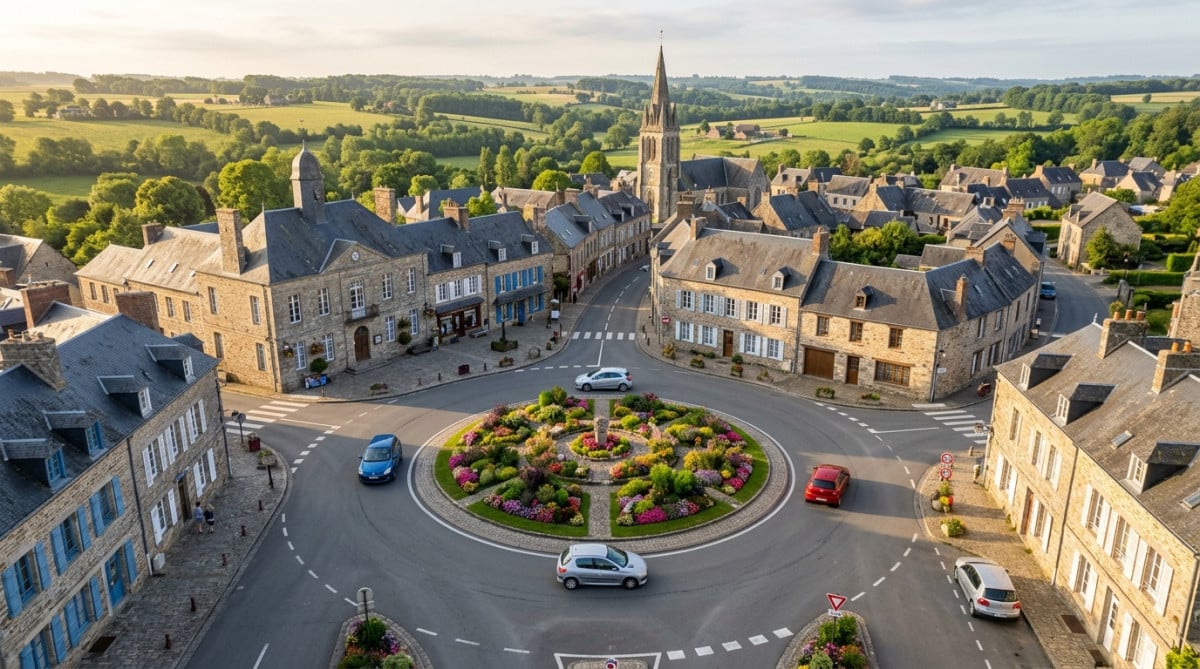 Vue aérienne d'un rond-point fleuri dans une ville française