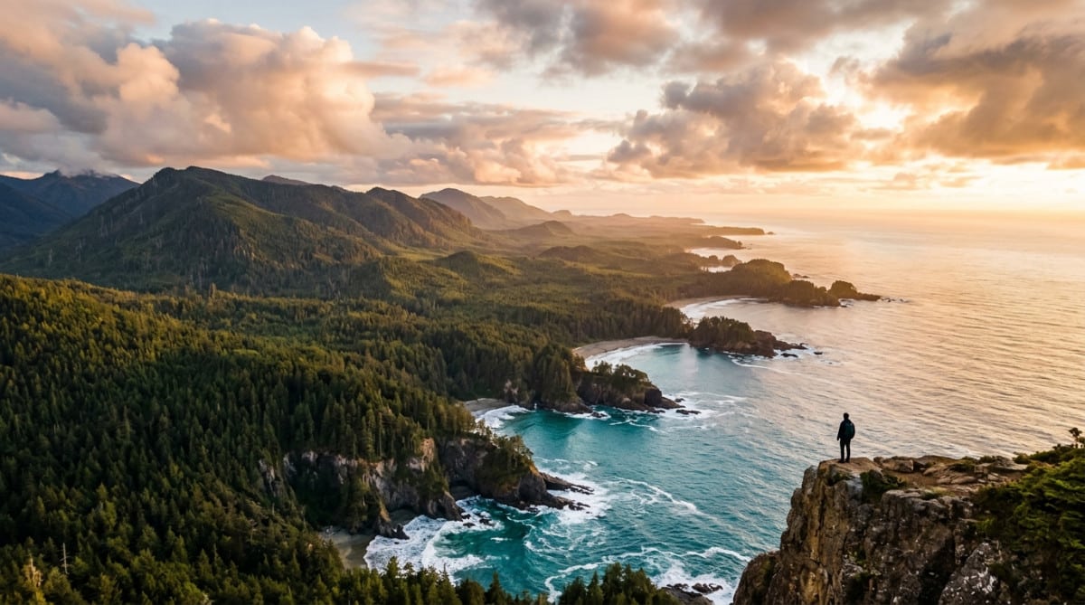 Vue aérienne d'un territoire sauvage inexploré entre forêt et océan