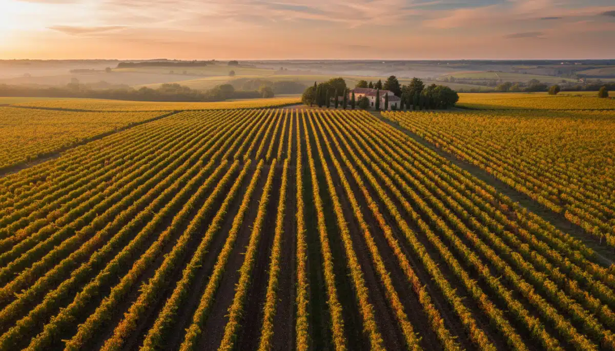 Vue aérienne d'un vignoble français au coucher du soleil