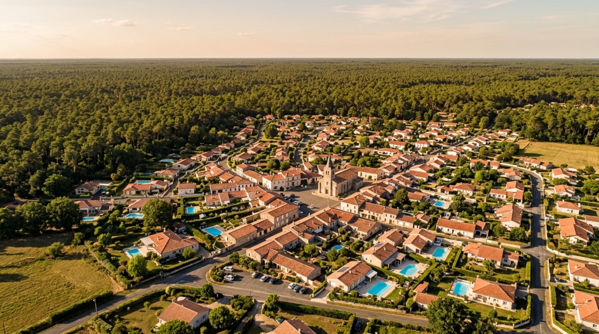 Vue aérienne d'un village des Landes avec piscines et jardins