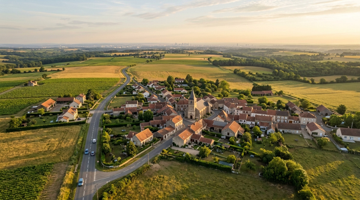 Vue aérienne d'un village rural français avec route vers une ville lointaine