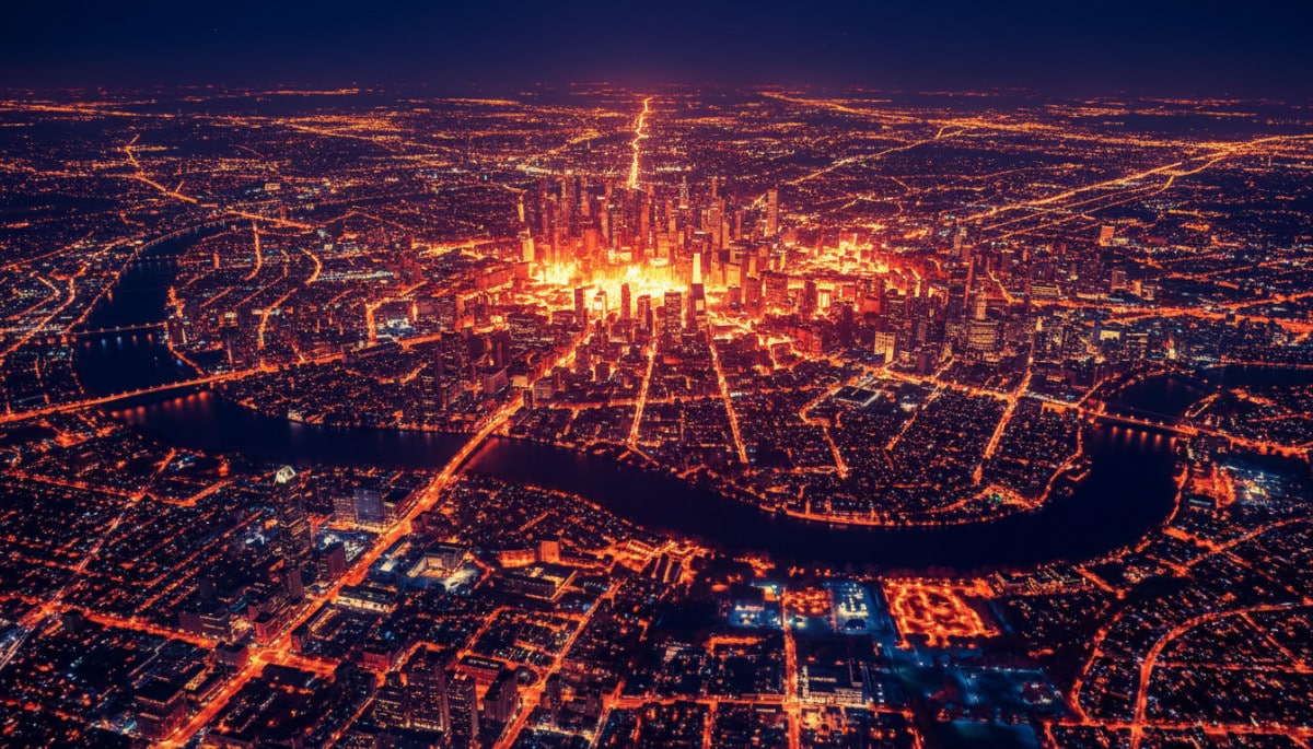 Vue aérienne thermique d'une ville la nuit en été