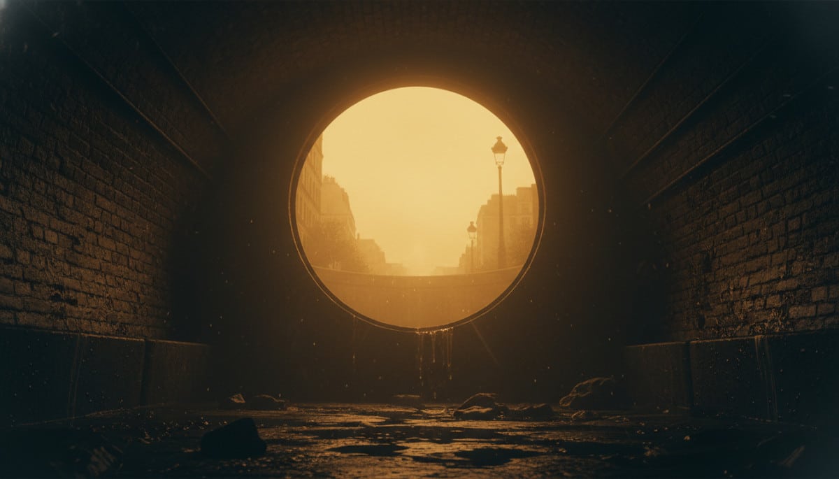 vue depuis les égouts vers une plaque ronde lumineuse