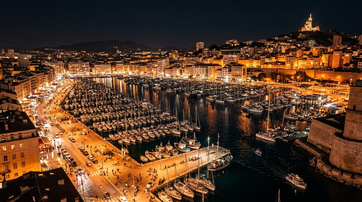 Vue nocturne du port de Marseille éclairé