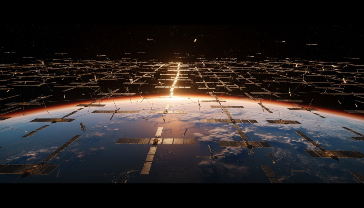 Vue orbitale de satellites Starlink autour de la Terre