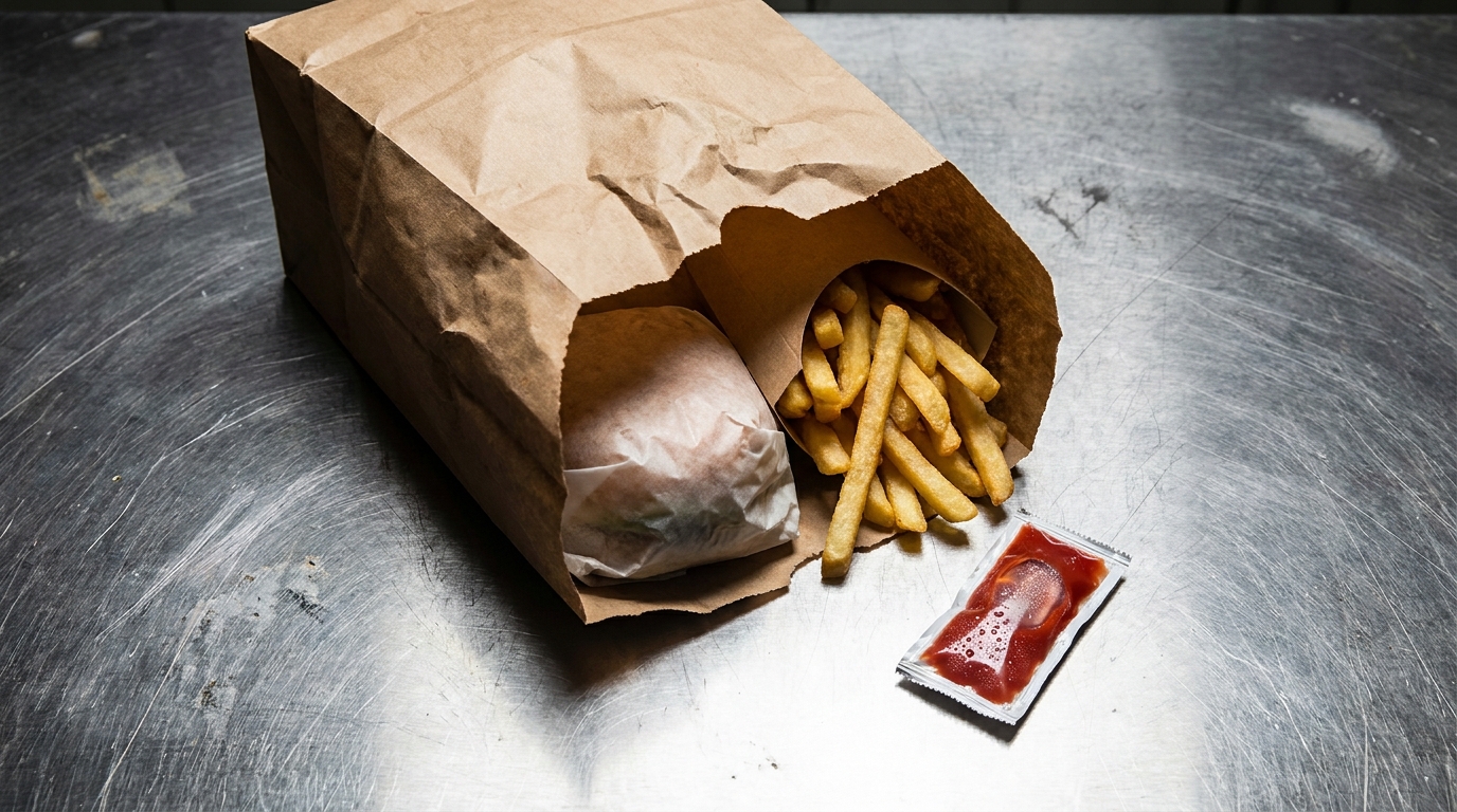 Burger et frites posés sur une table métallique d'interrogatoire