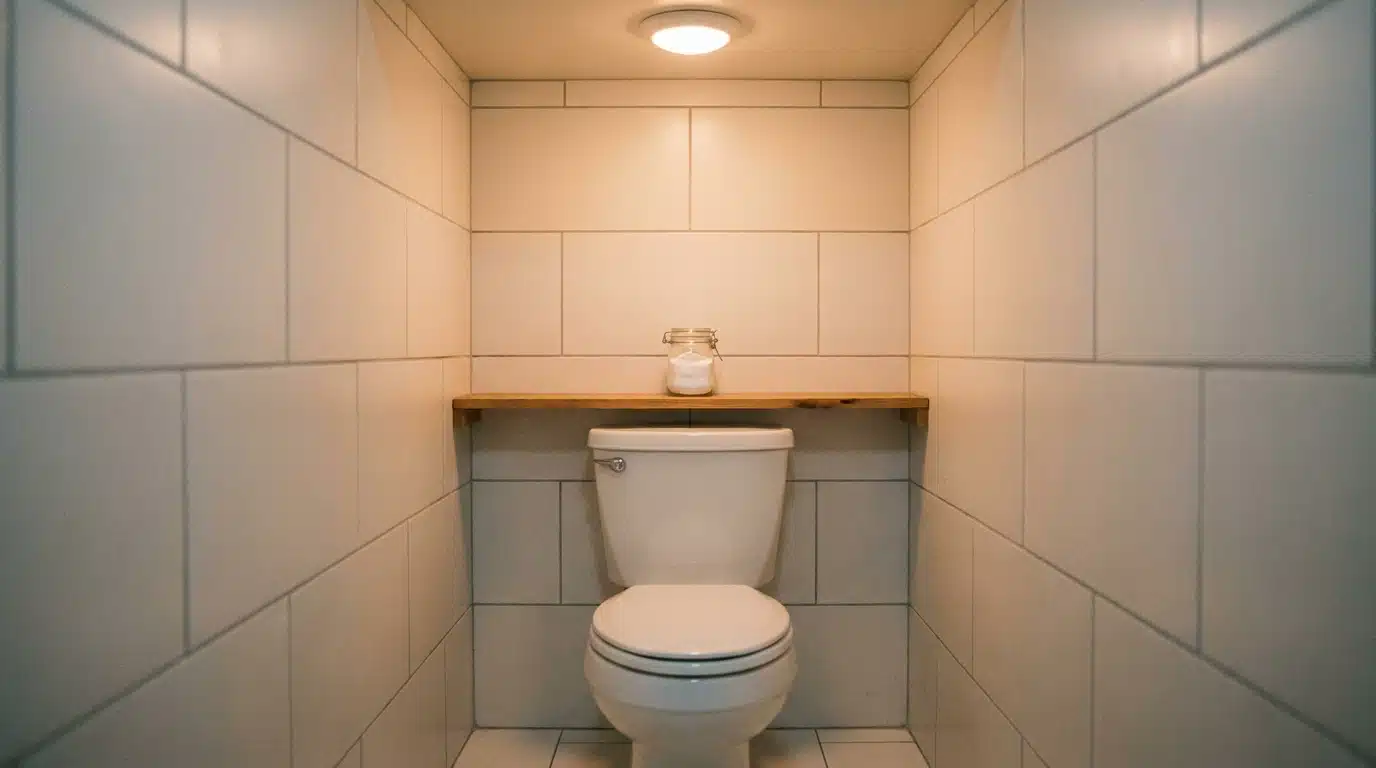 Coupelle de bicarbonate posée dans un WC sans fenêtre