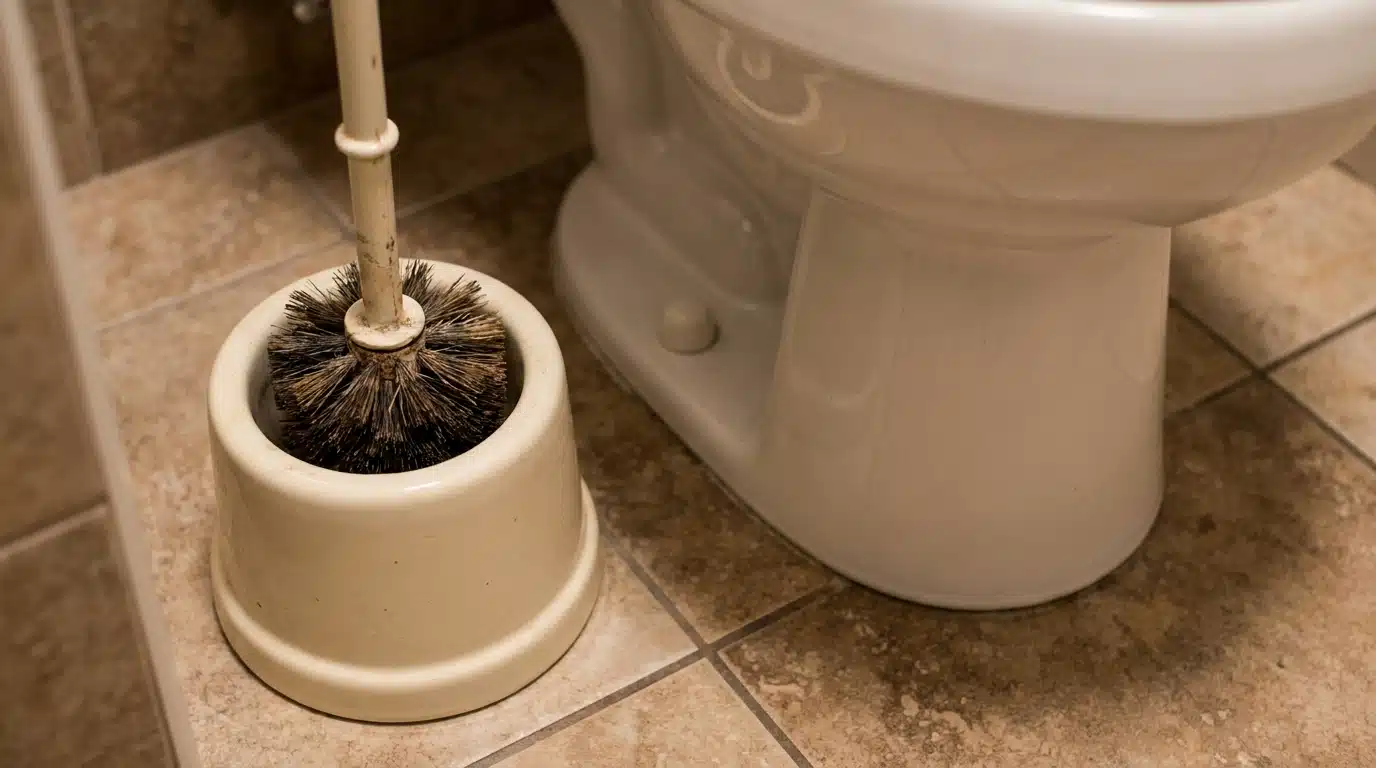 Brosse de toilettes dans son support près d'une cuvette blanche