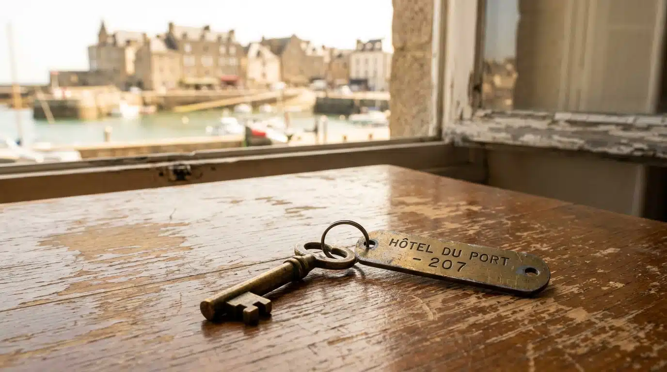 Clé d'hôtel ancienne posée sur un comptoir en bois usé