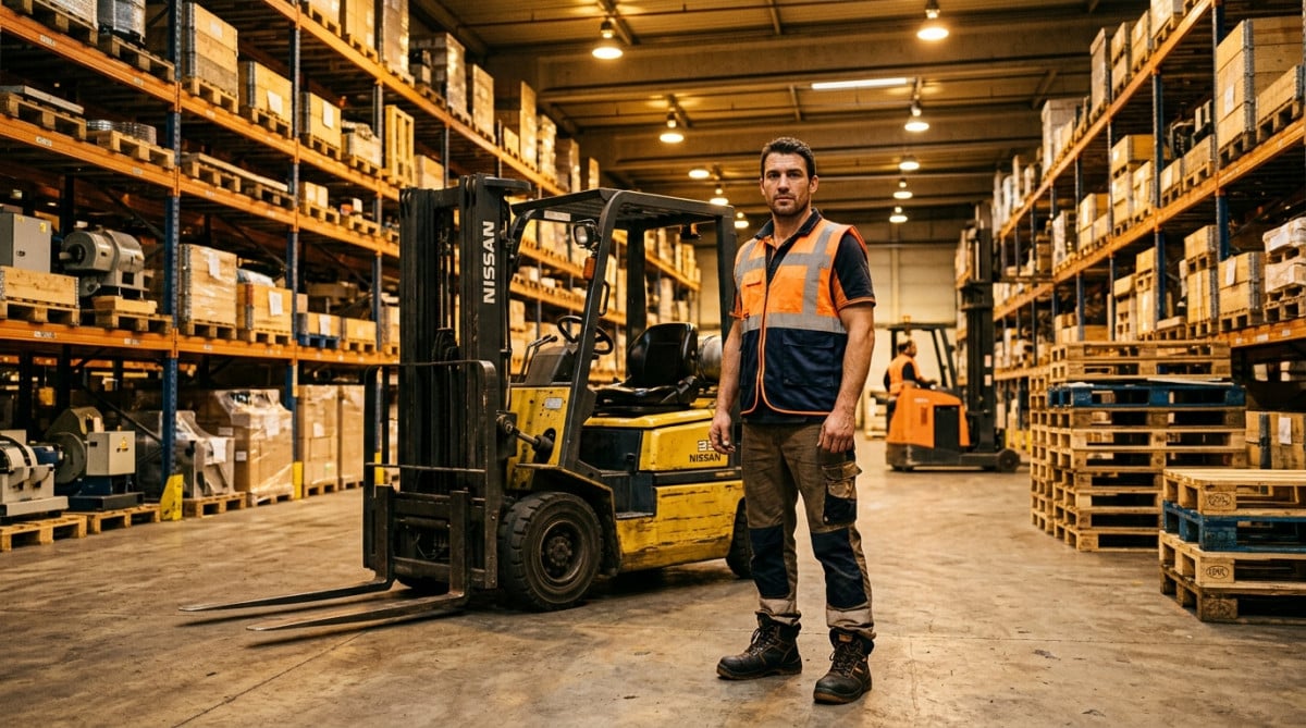 Yann cariste en gilet haute visibilité dans un entrepôt logistique