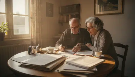 Couple de retraités examinant des documents administratifs