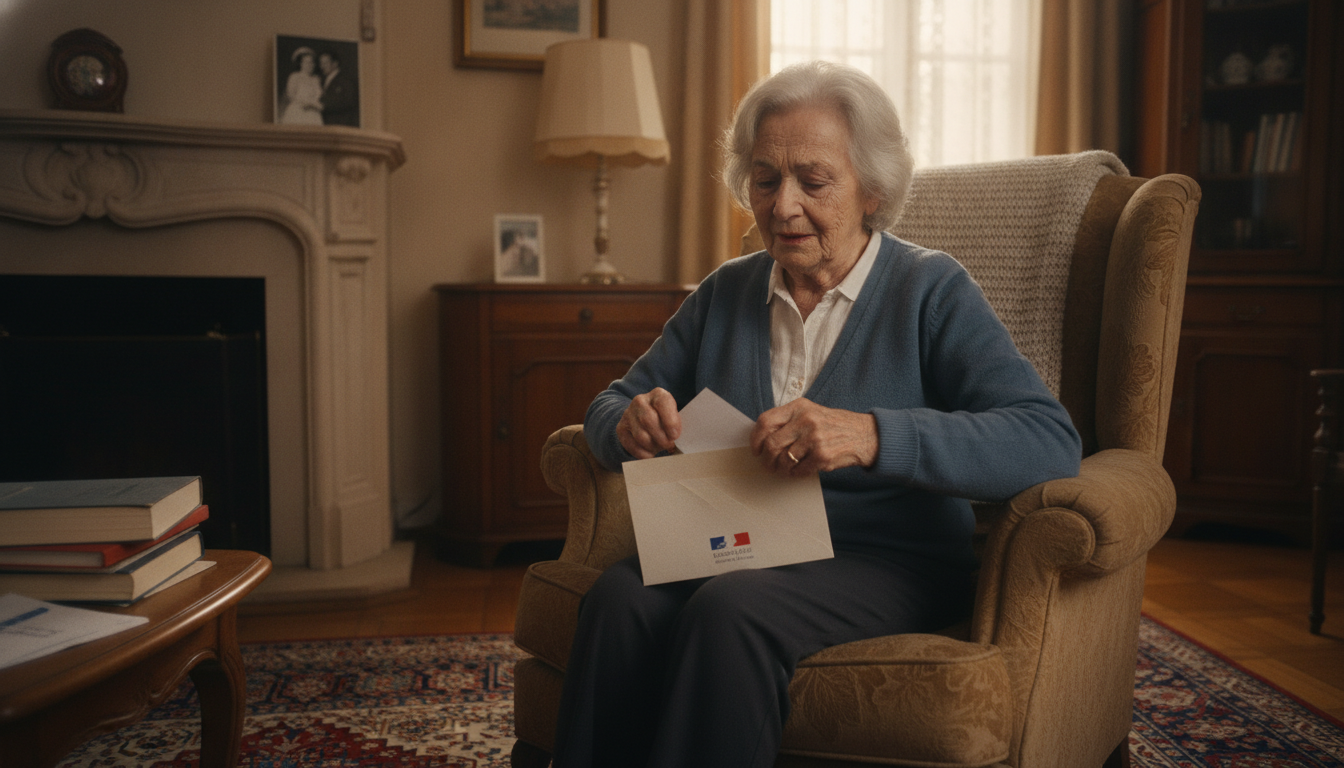 Veuve ouvrant un courrier officiel de pension de réversion