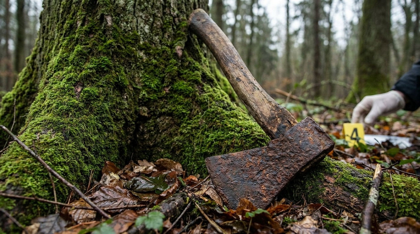 Hache rouillée posée contre un tronc d'arbre moussu