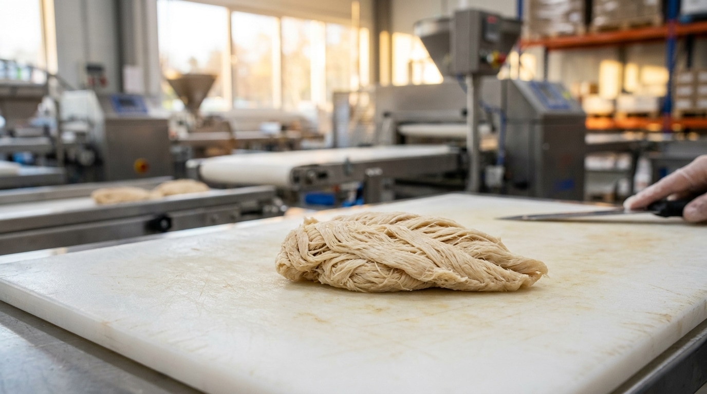 Filet de faux poulet végétal sur plan de travail industriel