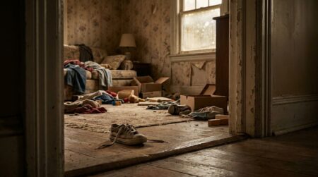 Intérieur délabré d'une maison avec chaussure d'enfant abandonnée