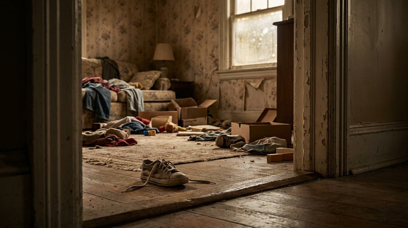 Intérieur délabré d'une maison avec chaussure d'enfant abandonnée