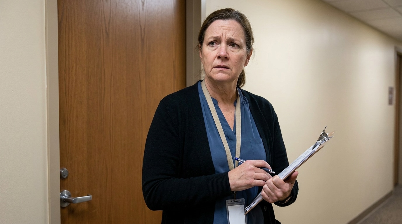 Travailleuse sociale inquiète tenant un dossier