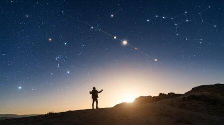 Ciel étoilé avec alignement planétaire visible à l'horizon