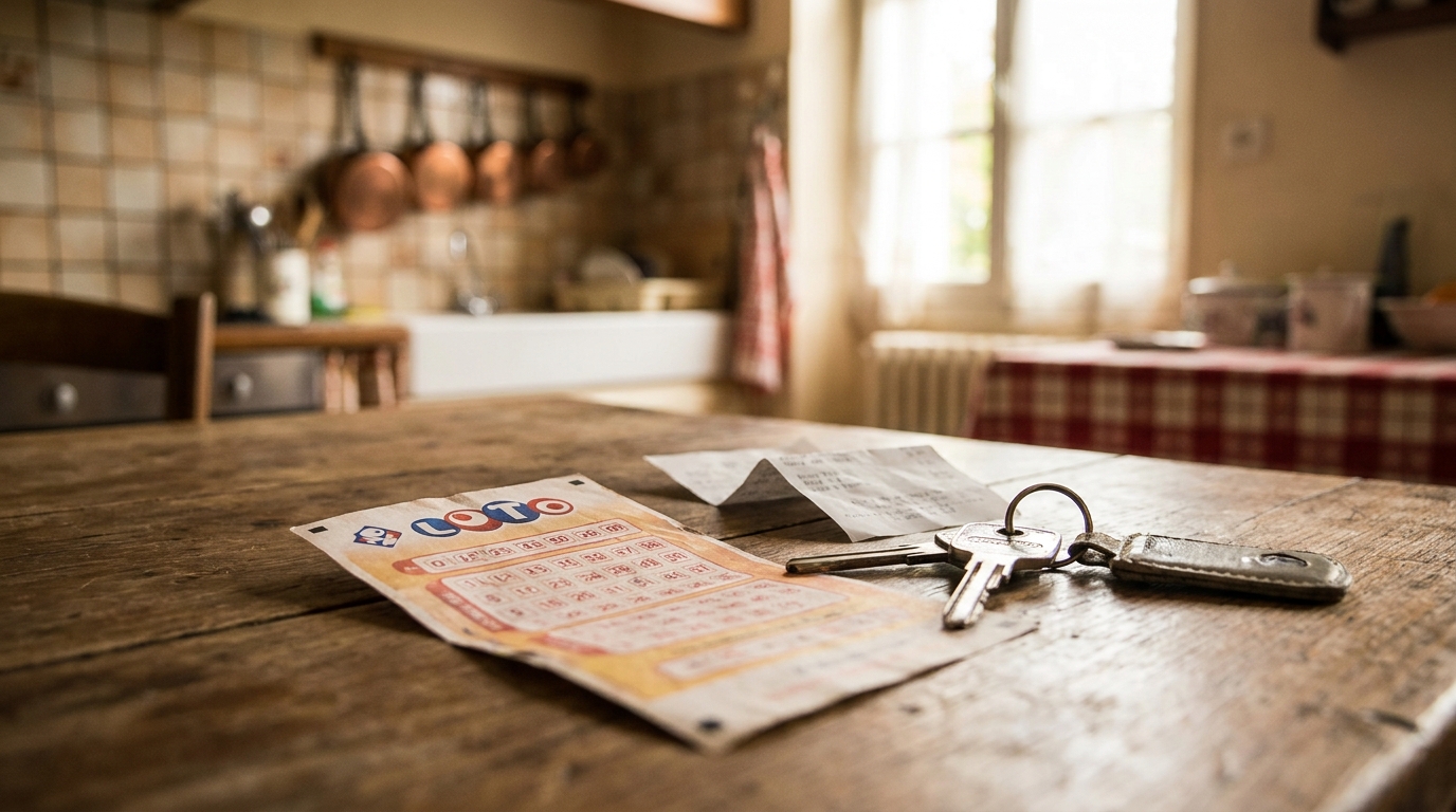 Ticket de loterie abandonné sur une table en bois