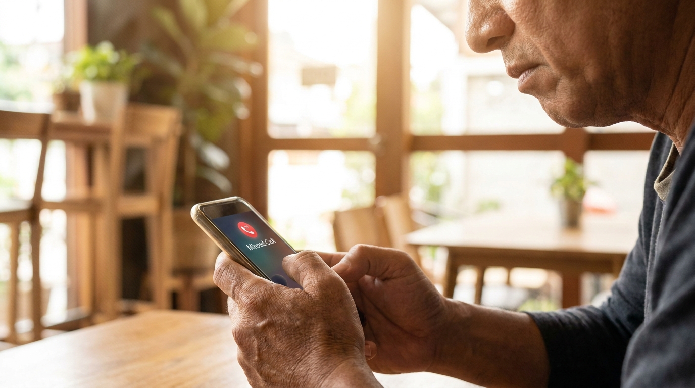 Mains tenant un téléphone avec un appel manqué