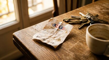 Ticket de Loto froissé oublié sur une table en bois