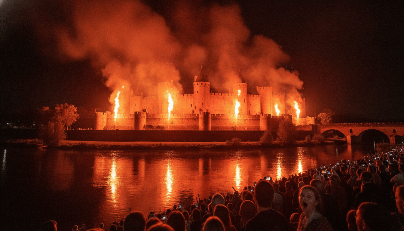 Embrasement spectaculaire de la Cité de Carcassonne la nuit