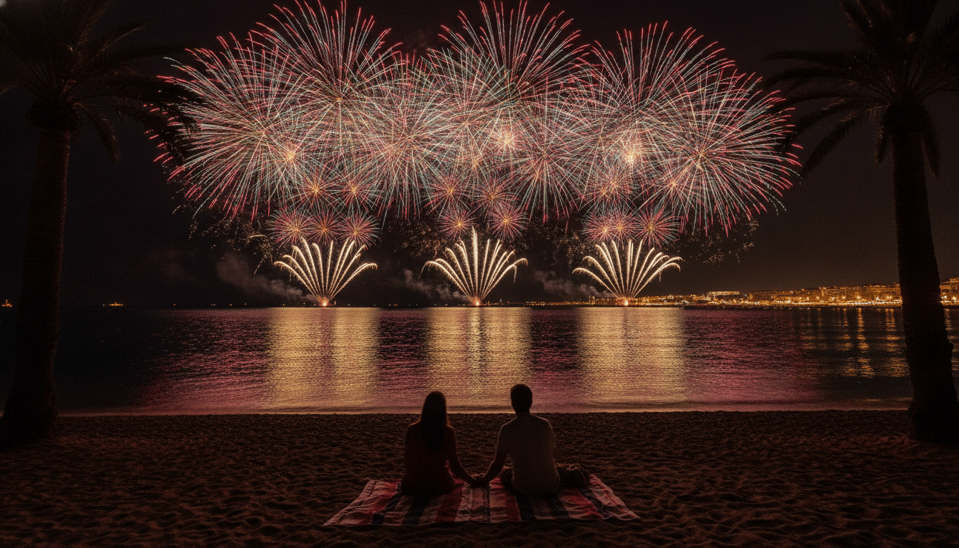 Feu d'artifice au-dessus de la Méditerranée vu depuis la plage