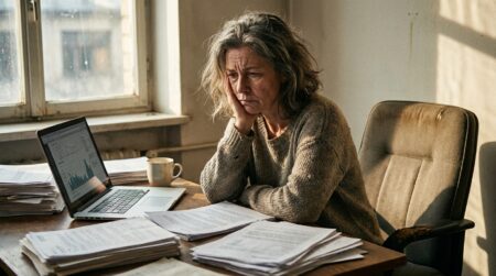 Patronne seule à son bureau devant un poste vide