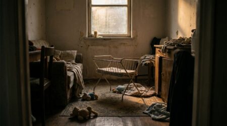 Petit lit pliant pour bébé dans un studio sombre et exigu