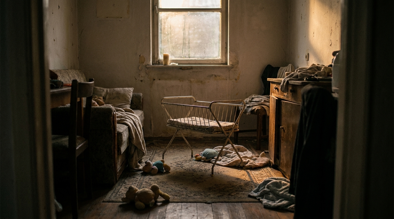 Petit lit pliant pour bébé dans un studio sombre et exigu
