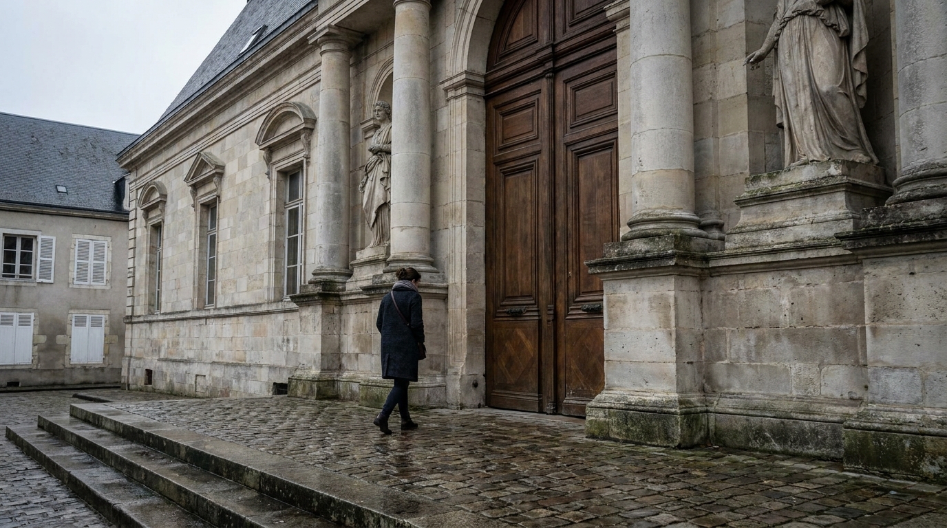 Femme seule marchant vers l'entrée d'un palais de justice