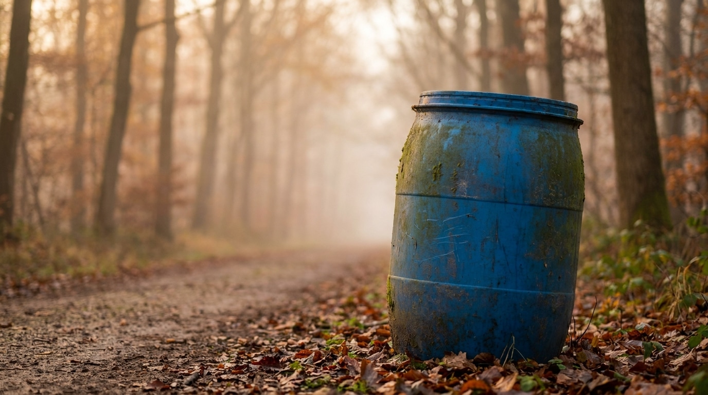 Tonneau en plastique abandonné au bord d'un chemin forestier brumeux