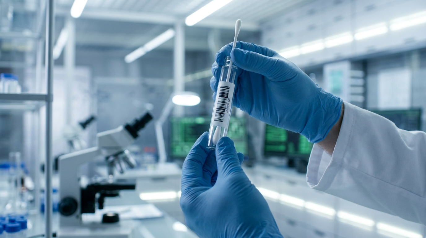 Mains gantées tenant un échantillon ADN en laboratoire